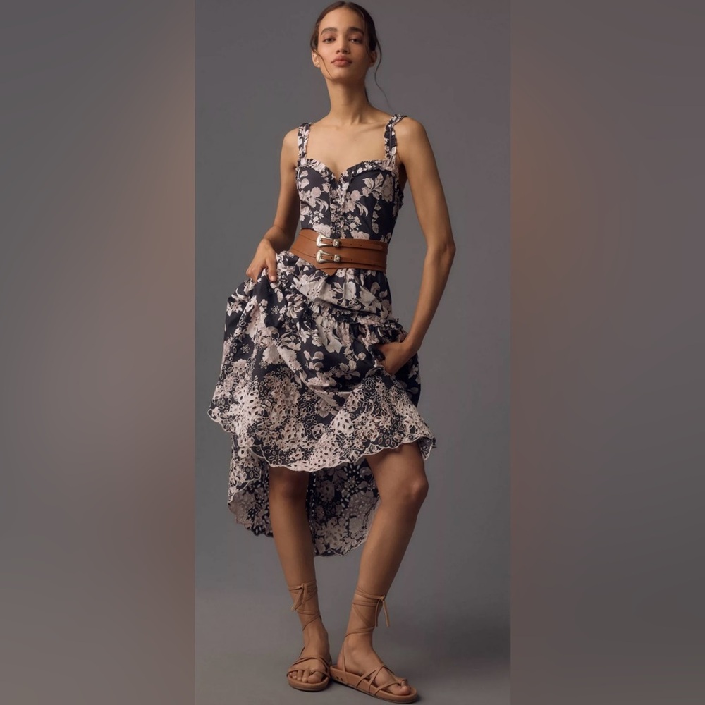 Anthropologie Black and Cream Floral Midi Dress